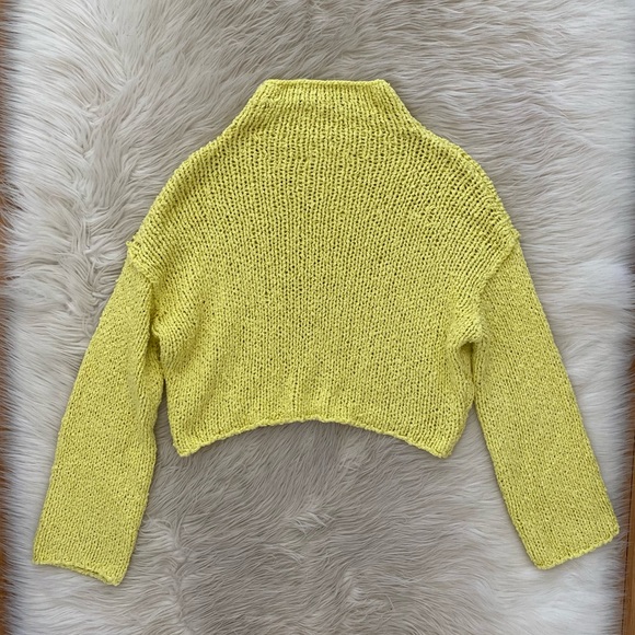 Anthropologie Yellow Chartreuse Chunky Knit Cotton Cropped Mock Neck Sweater - Picture 8 of 11